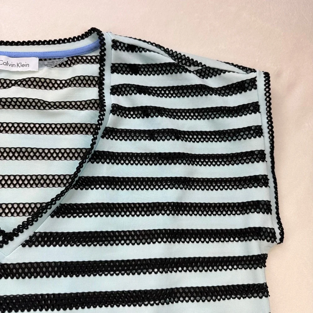 Calvin Klein Striped Mesh‎ Swim Cover-Up Dress Blue Black V-Neck Pockets Large